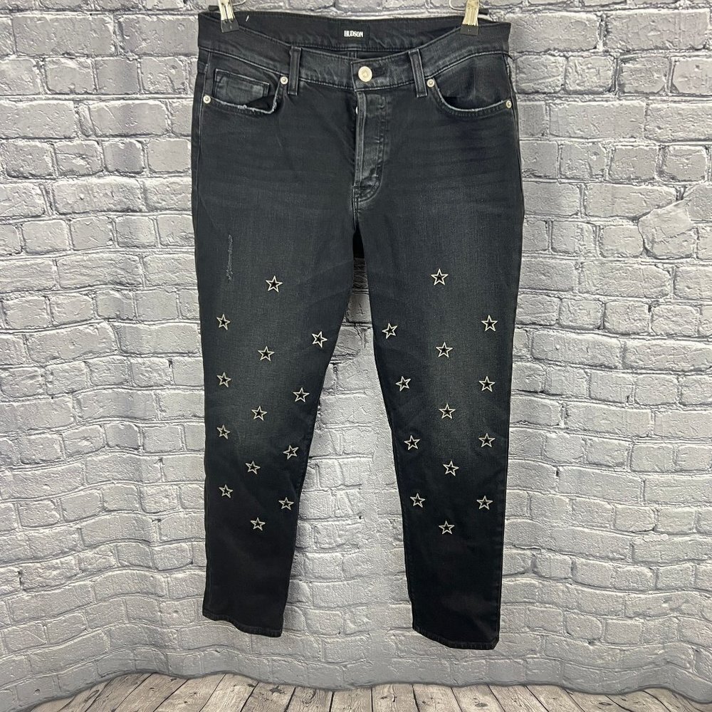 Hudson Riley Crop Jeans Womens 29 Black Relaxed Straight Stars Button Fly - Picture 11 of 11